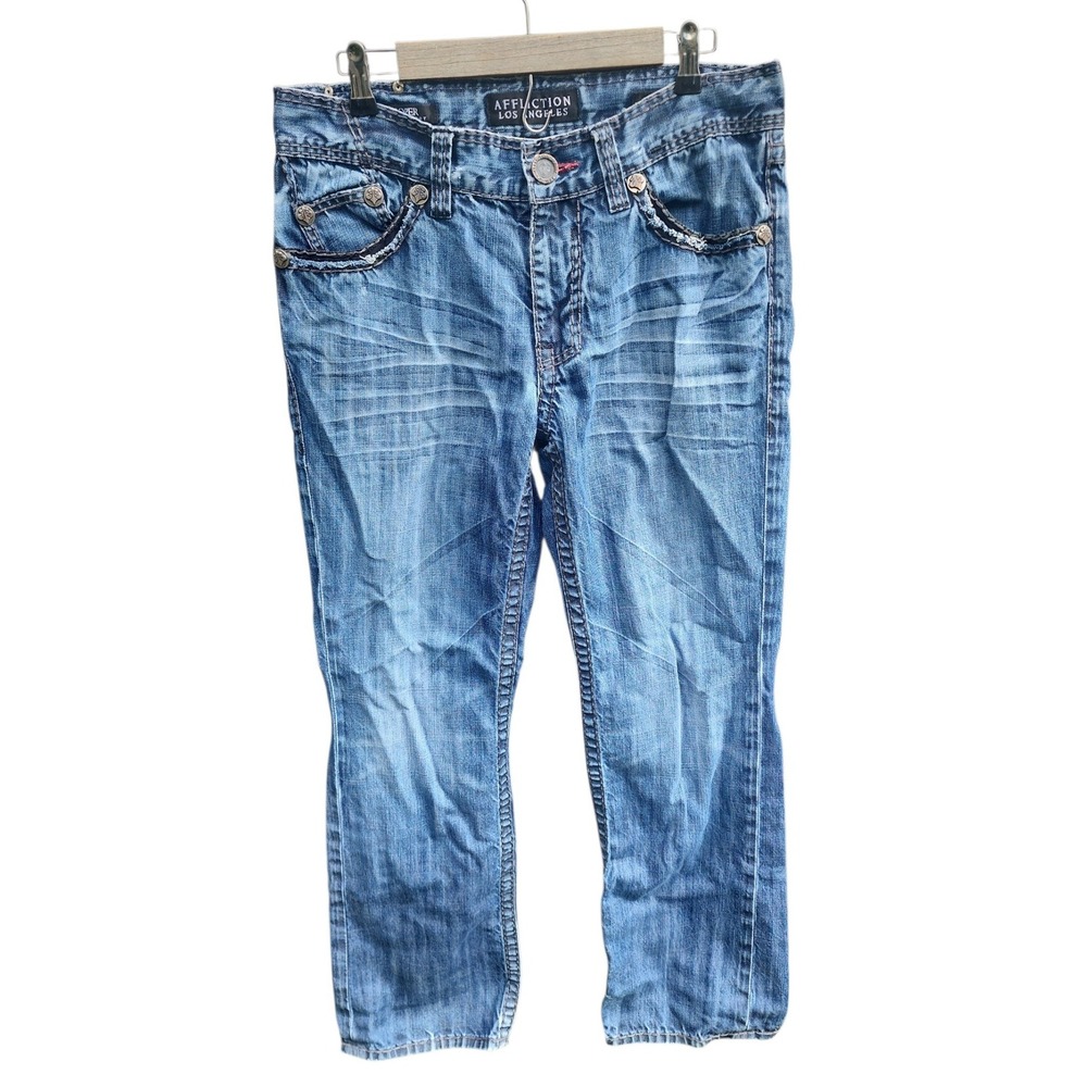 Affliction Cooper Mens Jeans Blue Medium Wash Fleur De Lis Embroidered 34x32